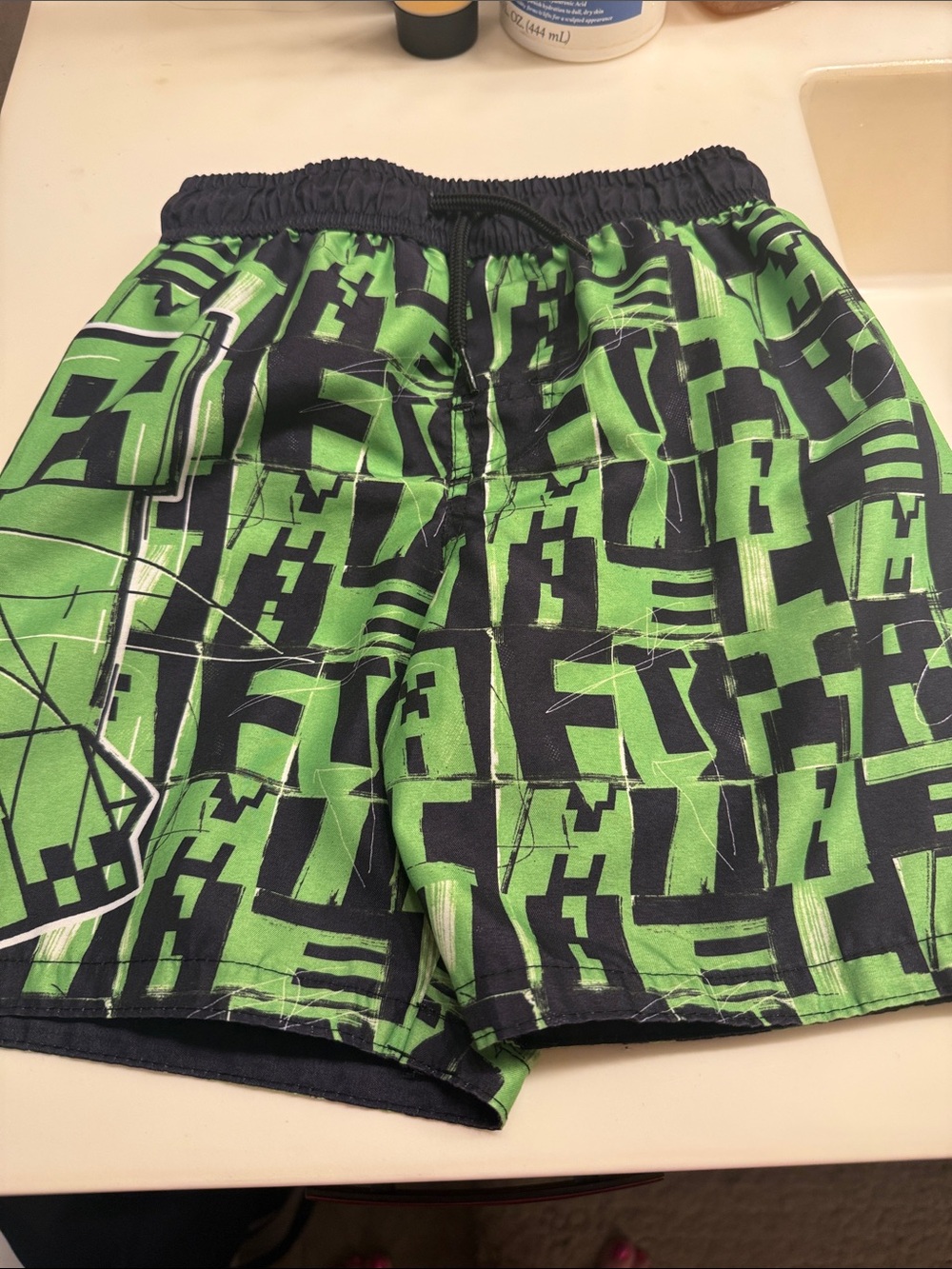 Boys' Green & Black Geometric Swim Trunks with Elastic Waist